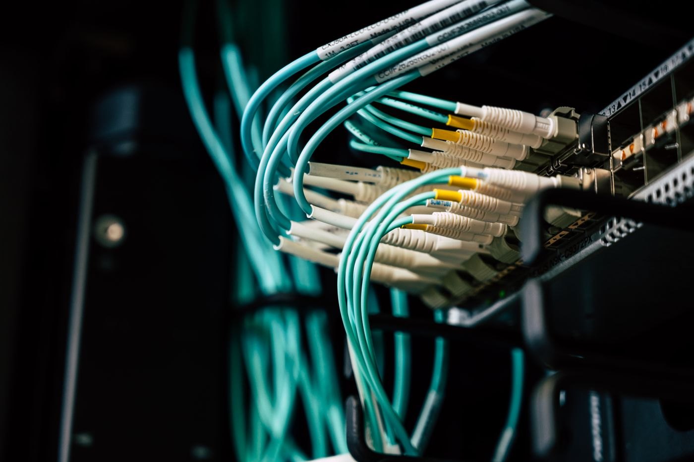 Network cabling connects rack-mounted equipment within a server environment.